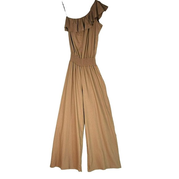 cleo Pants - Cleo 100% Linen Camel Beige Coastal One Shoulder Wide Leg Ruffled Jumpsuit S
